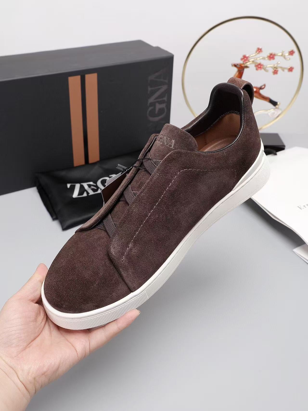 Zegna Triple Stitch Slip-on Sneaker Dark Brown Suede