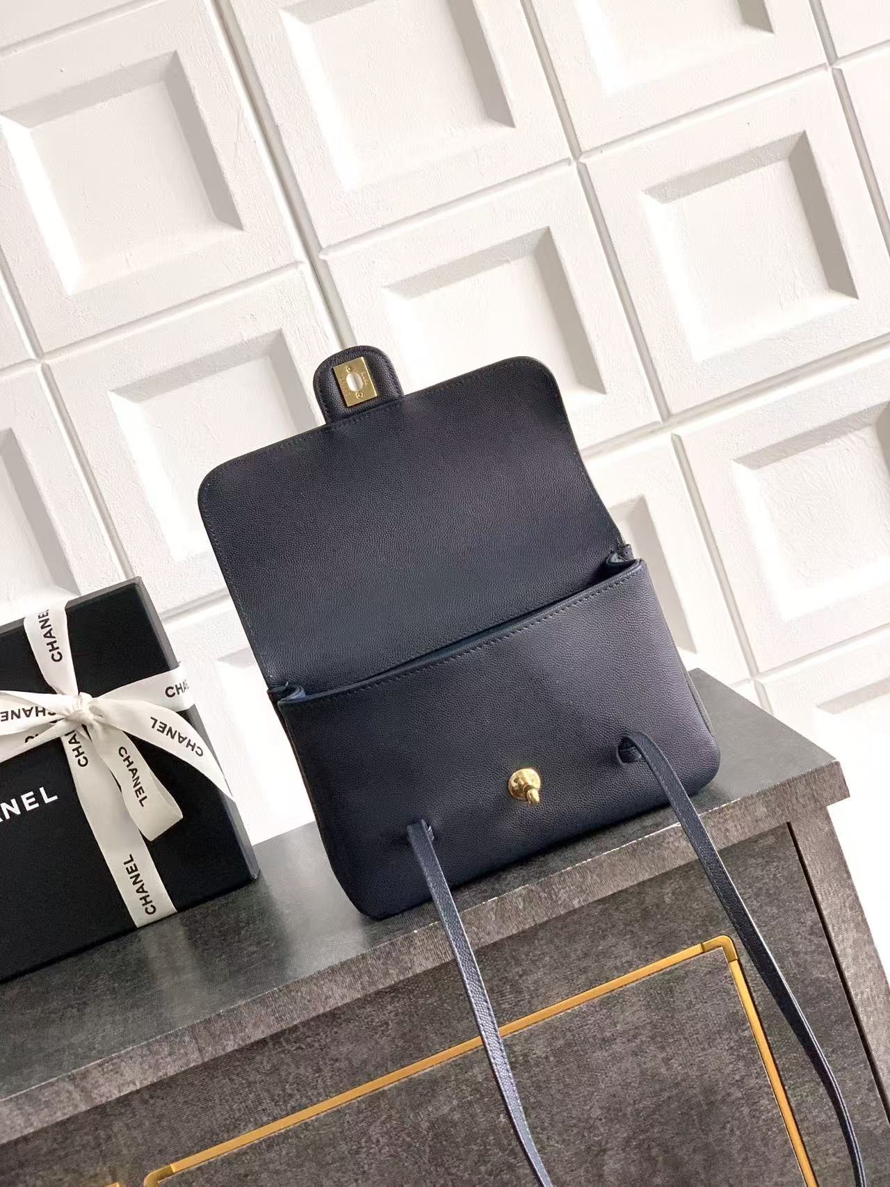 Chanel 2026 Bag 22cm Blue Grained Shiny Calfskin