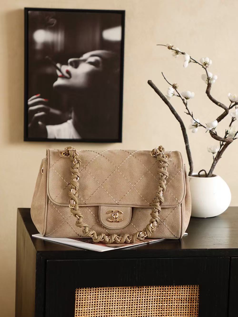 Chanel 2026 Ultimate Stitch Bag 30cm Beige and Black Suede Leather