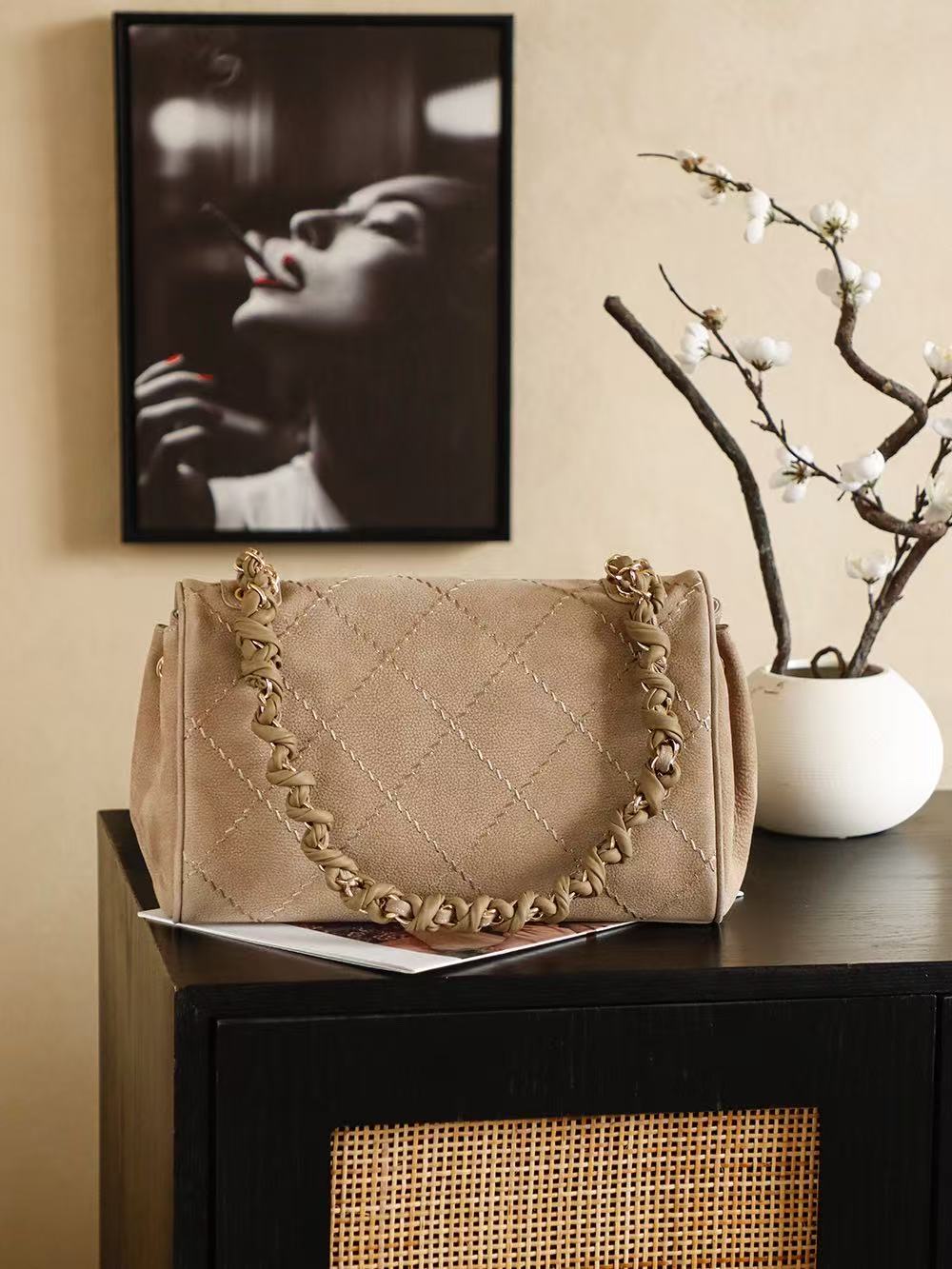 Chanel 2026 Ultimate Stitch Bag 30cm Beige and Black Suede Leather