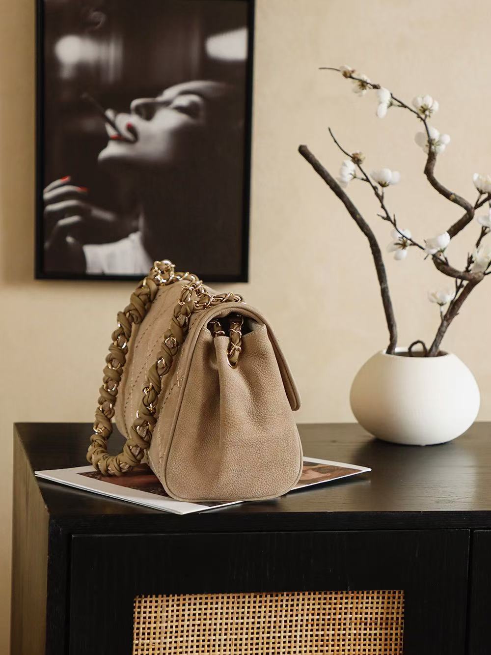 Chanel 2026 Ultimate Stitch Bag 30cm Beige and Black Suede Leather