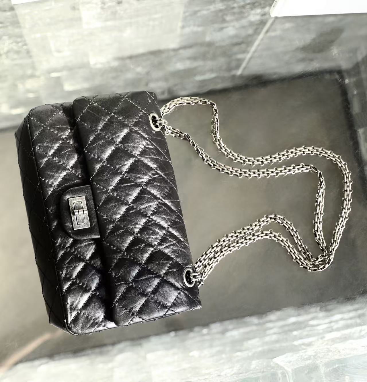 CC 2026 Classic 2.55 Flap Bag Black Aged Lambskin Silver Hardware