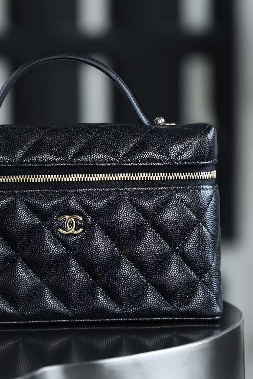 Chanel 2026 Vanity Bag 19.5cm Black Light Gold Caviar Leather