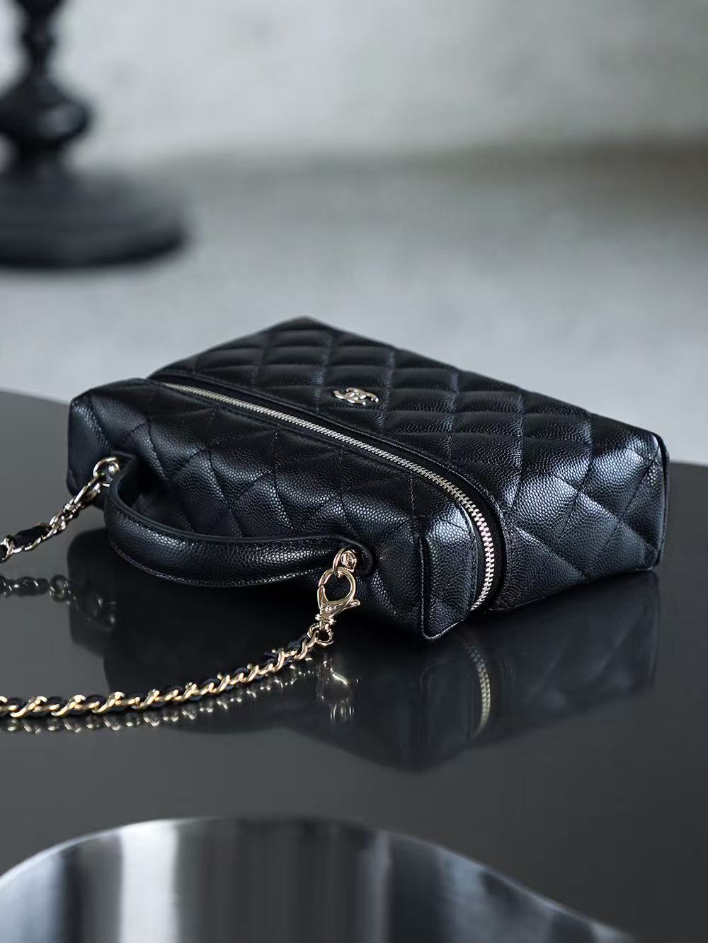 Chanel 2026 Vanity Bag 19.5cm Black Light Gold Caviar Leather