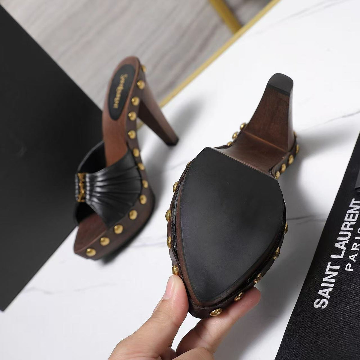 YSL 2026 Bavylone Platform Sandal Brown Black Smooth Leather
