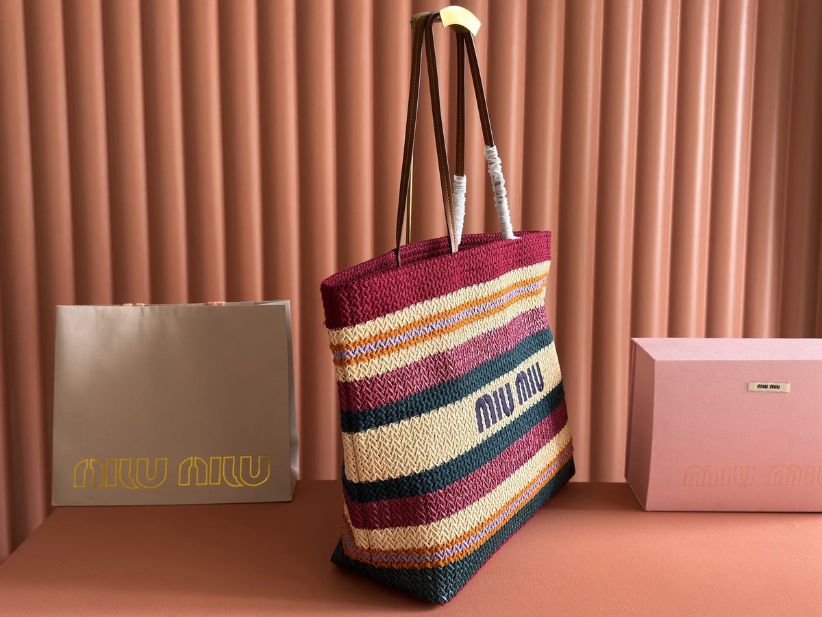 Miu Miu 2026 Striped Tote Bag 40cm Multicolor Woven Raffia-Effect