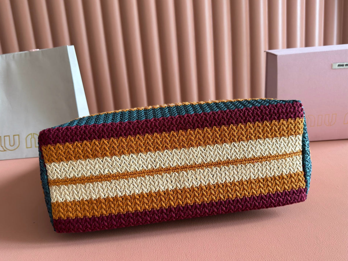 Miu Miu 2026 Striped Tote Bag 40cm Multicolor Woven Raffia-Effect