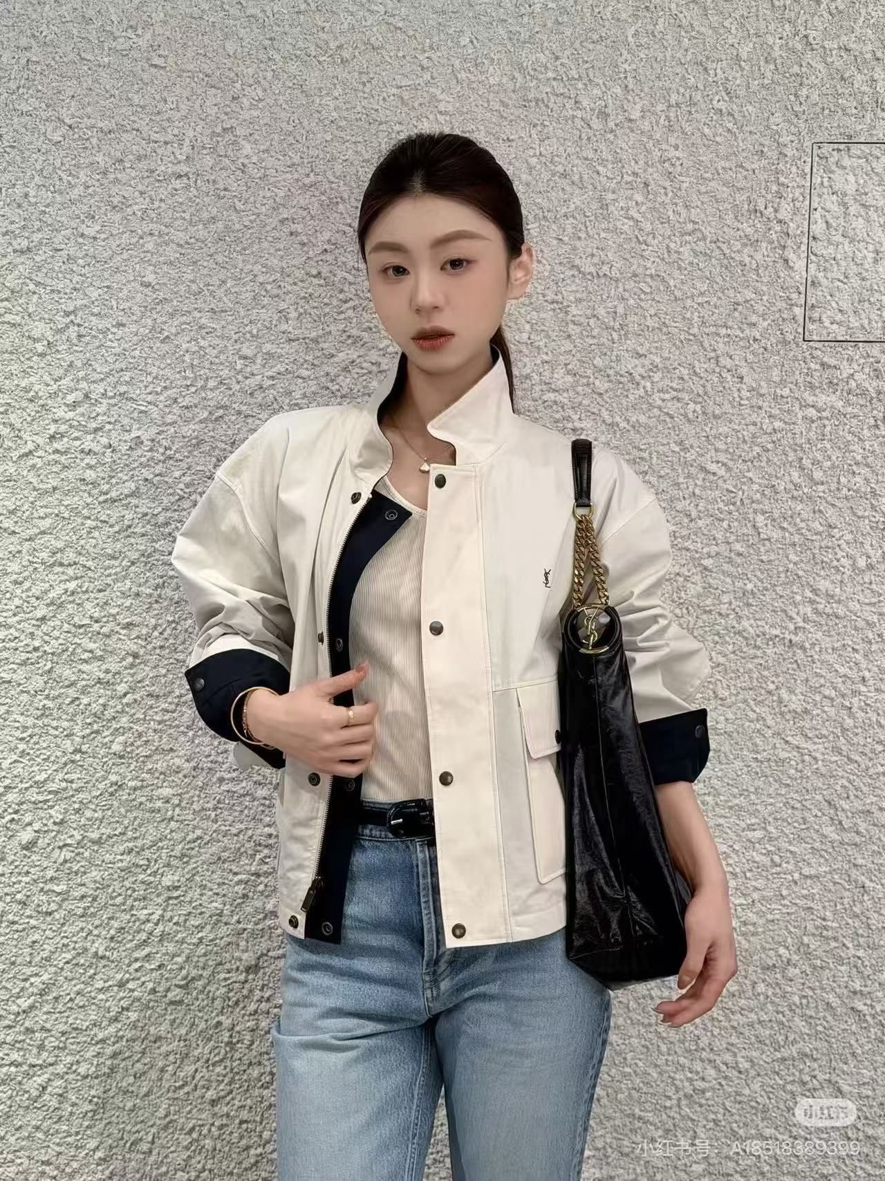 YSL 2026 Cassandre Reversible Jacket White Mix Navy Blue Cotton