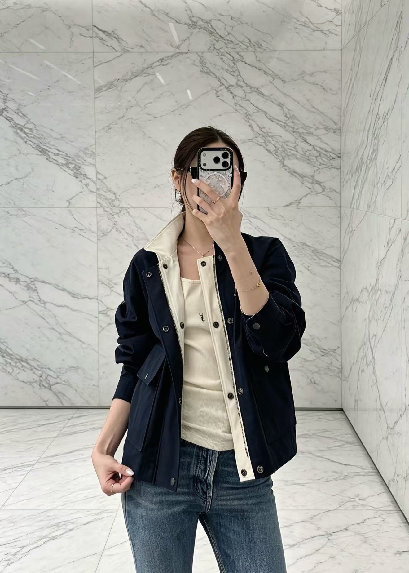 YSL 2026 Cassandre Reversible Jacket White Mix Navy Blue Cotton