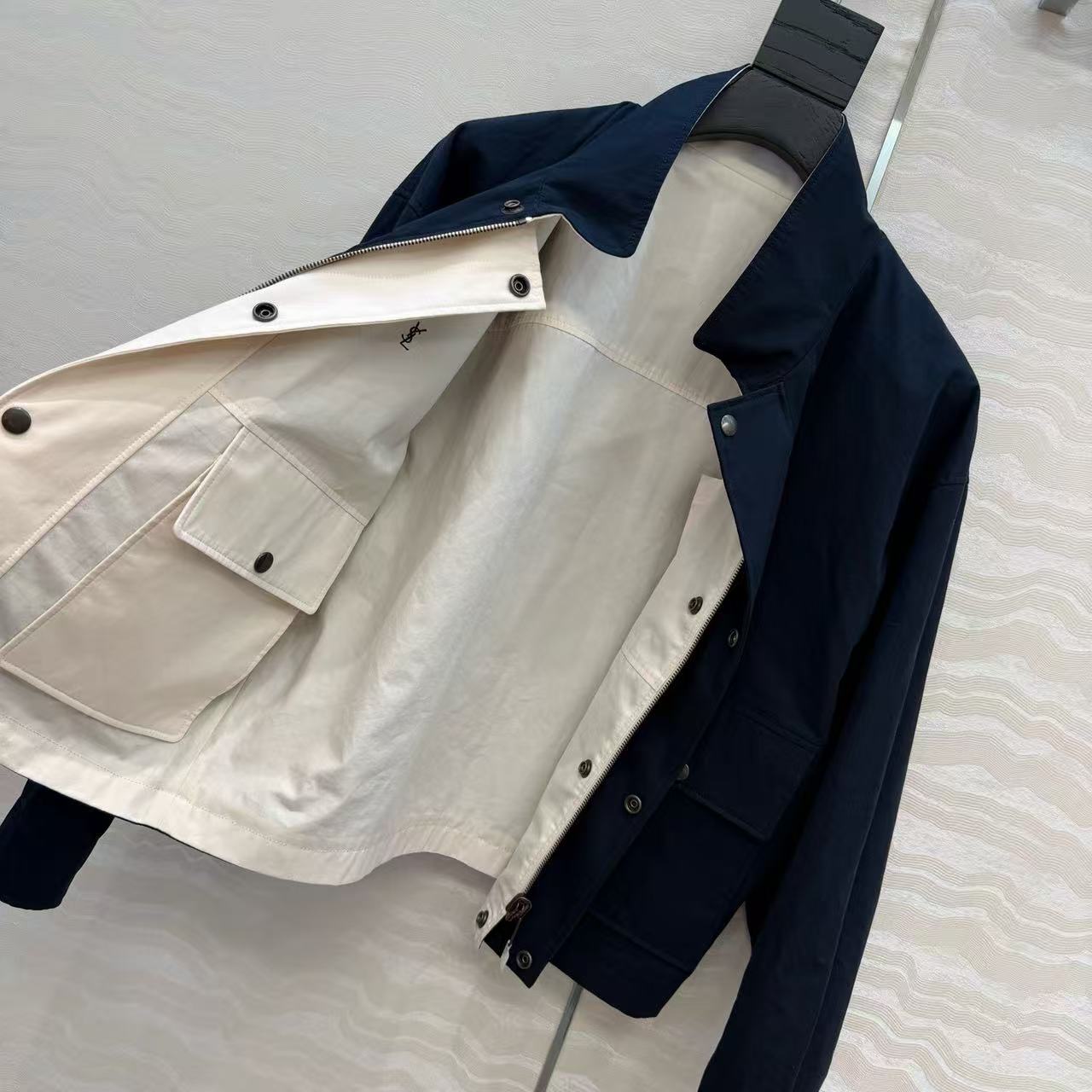 YSL 2026 Cassandre Reversible Jacket White Mix Navy Blue Cotton