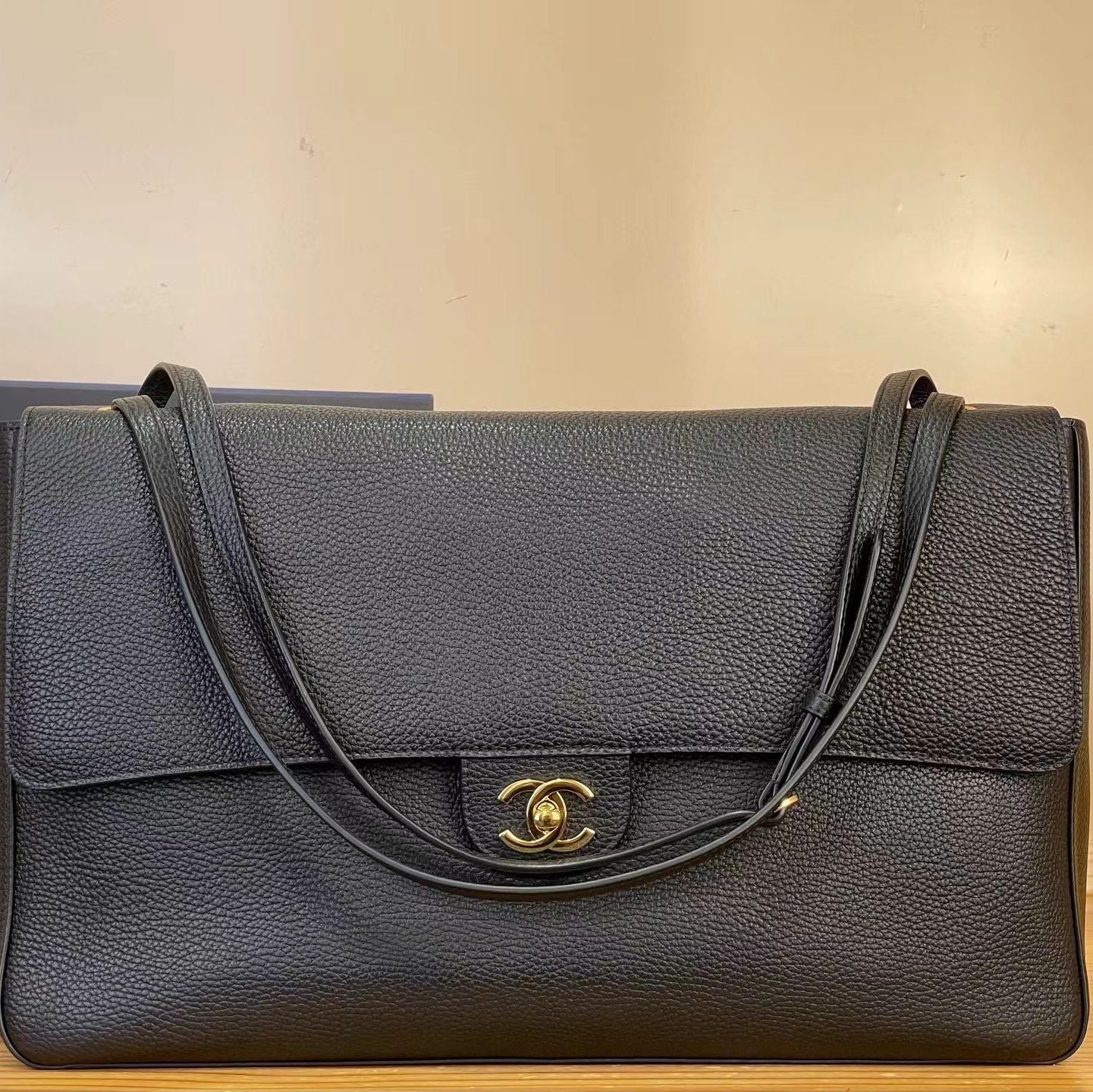 Chanel 2026 Maxi Flap Bag Black Grained Calfskin With Gold Hardware