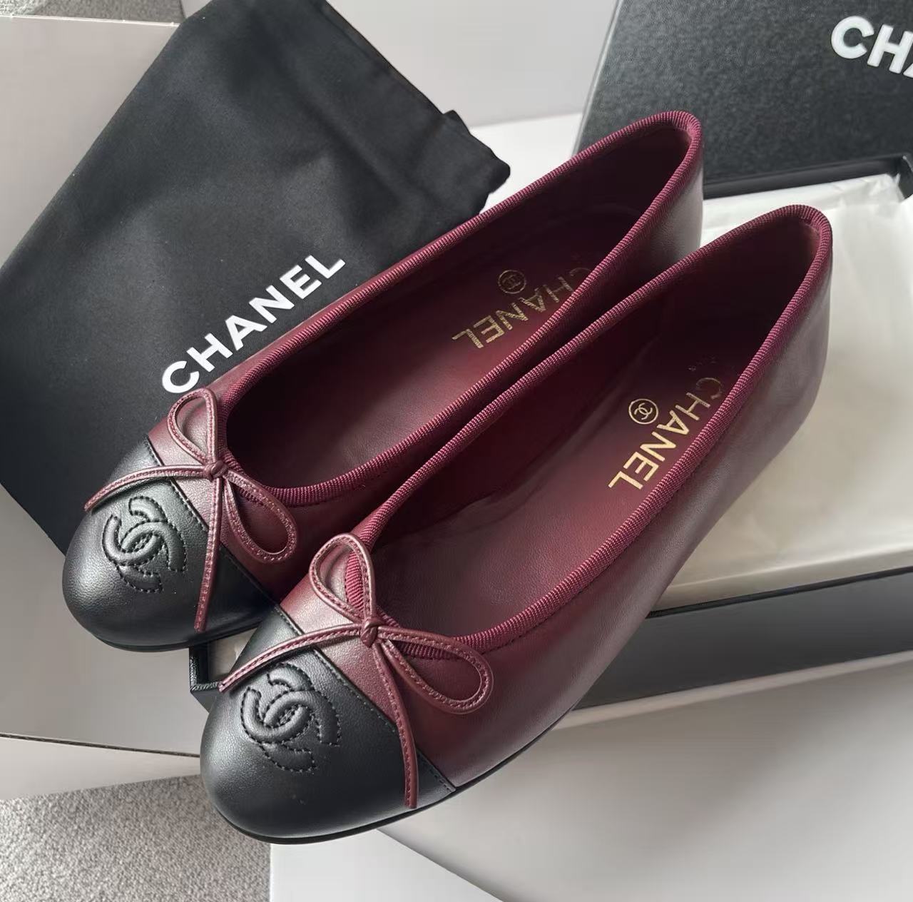 Chanel 2026 Ballet Flat Burgundy Mix Black Lambskin
