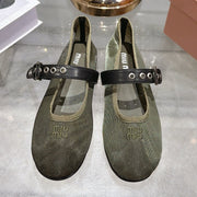 Miu Miu 2026 Buckle Ballet Flat Olive Green Mesh Leather