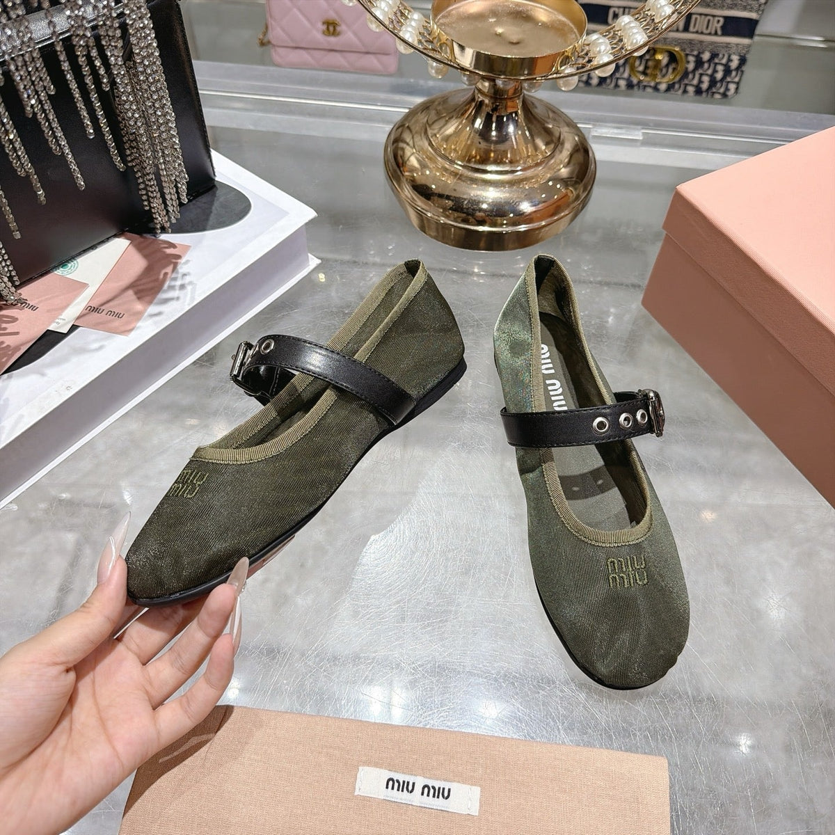 Miu Miu 2026 Buckle Ballet Flat Olive Green Mesh Leather