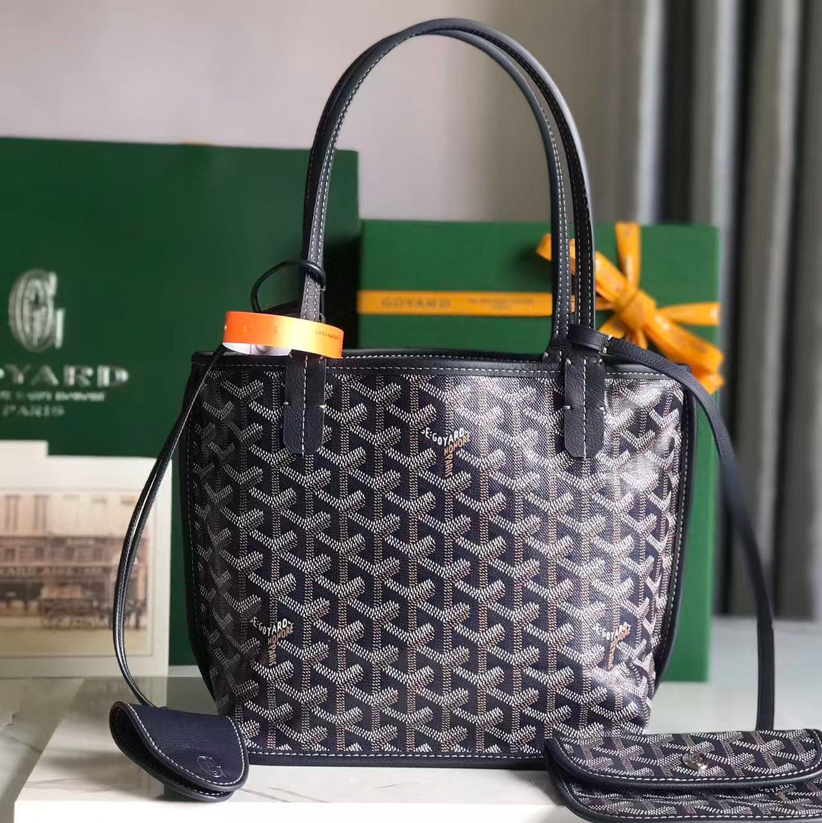 Goyard 2026 Anjou Mini Bag Navy Blue Canvas Chevroches Calfskin