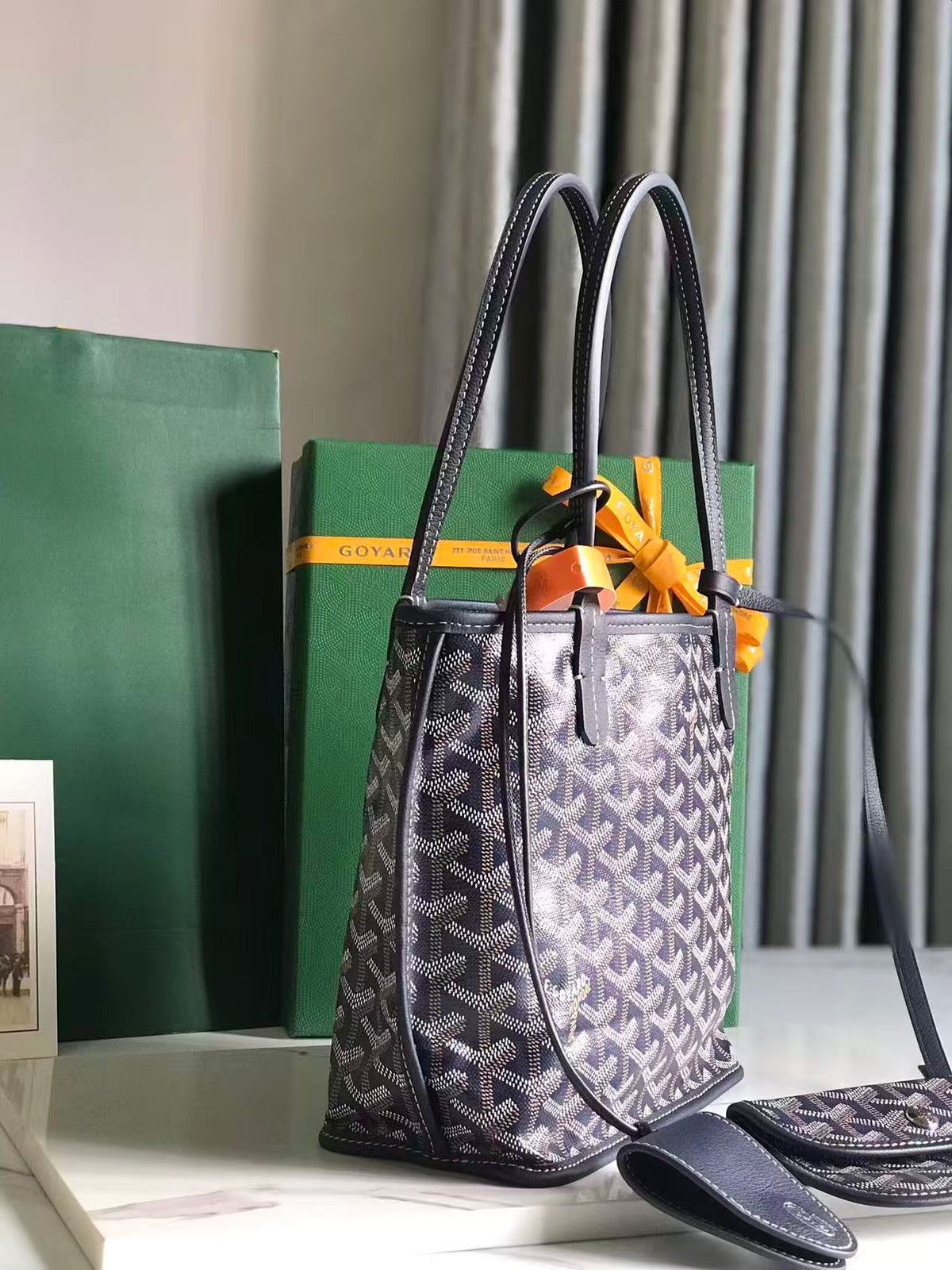 Goyard 2026 Anjou Mini Bag Navy Blue Canvas Chevroches Calfskin