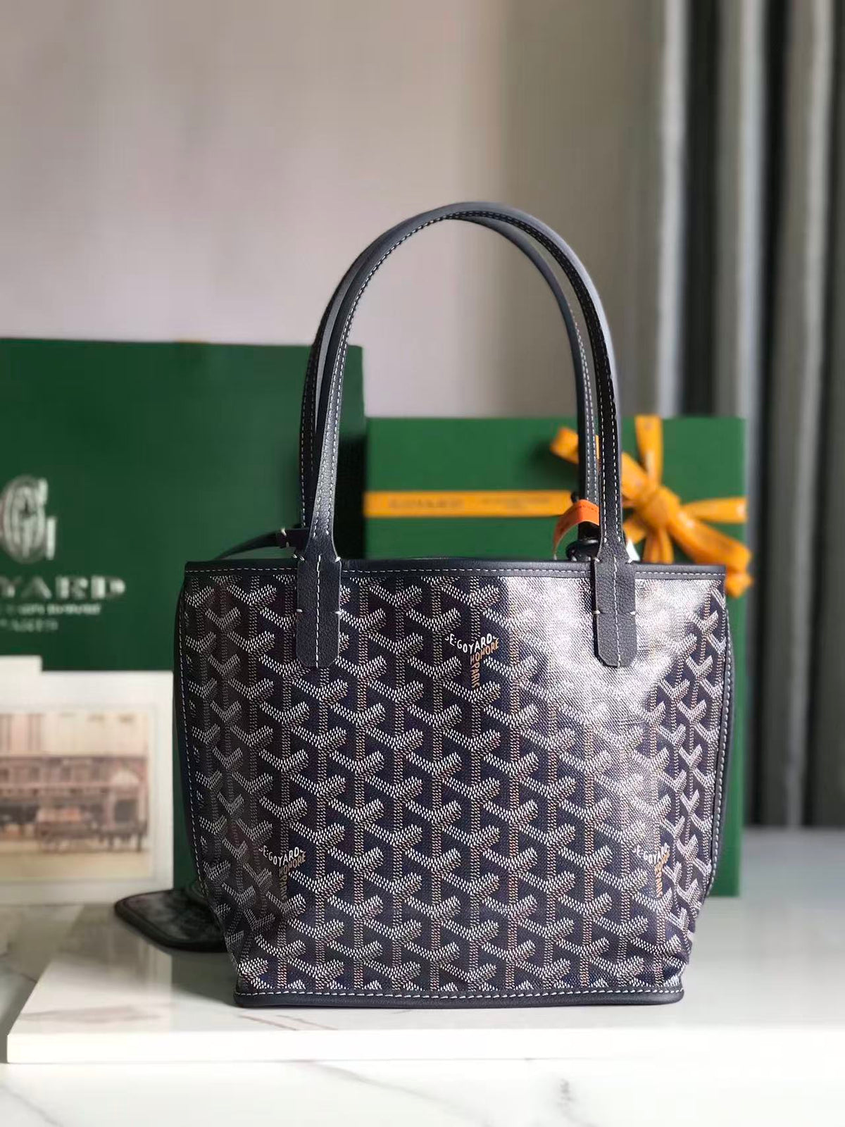 Goyard 2026 Anjou Mini Bag Navy Blue Canvas Chevroches Calfskin