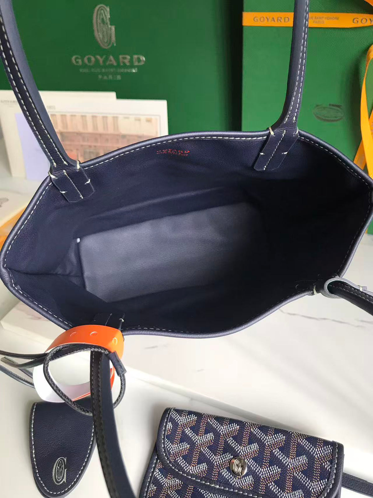 Goyard 2026 Anjou Mini Bag Navy Blue Canvas Chevroches Calfskin