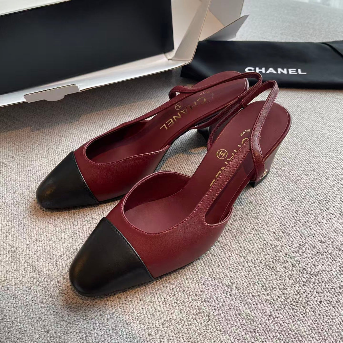 Chanel 2026 Slingback 50mm Burgundy/Black Sheepskin