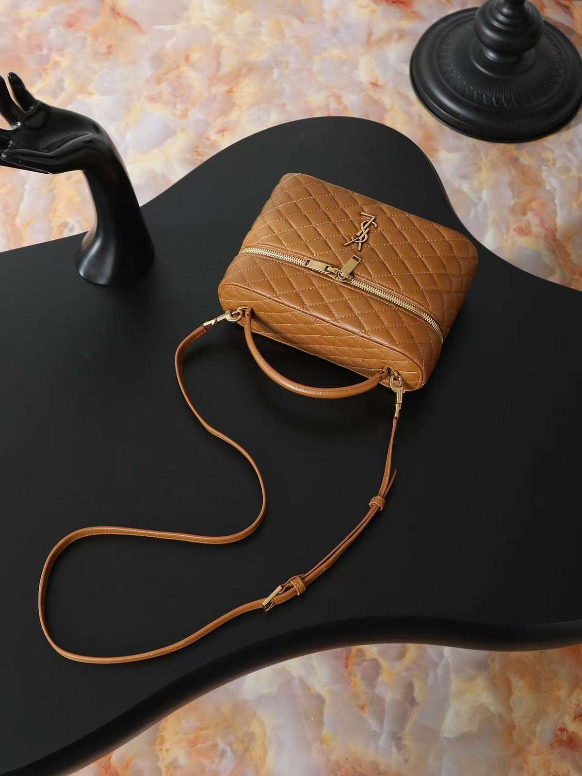 YSL 2026 Gaby Vanity Bag 22.5cm Camel Brown Quilted Lambskin