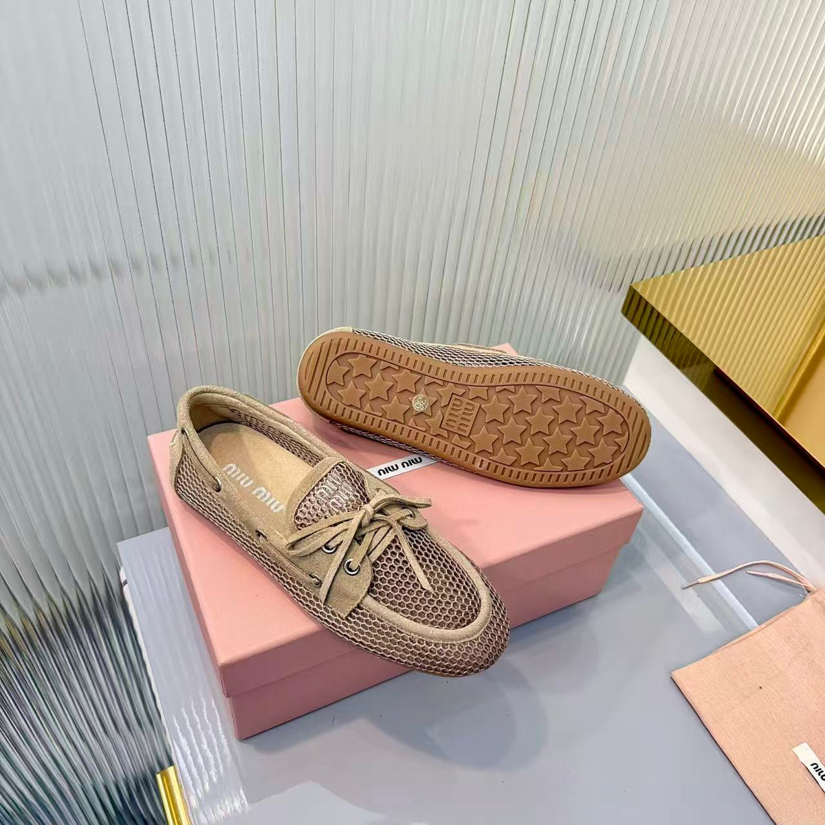 Miu Miu 2026 Mocassin Beige Suede Mesh