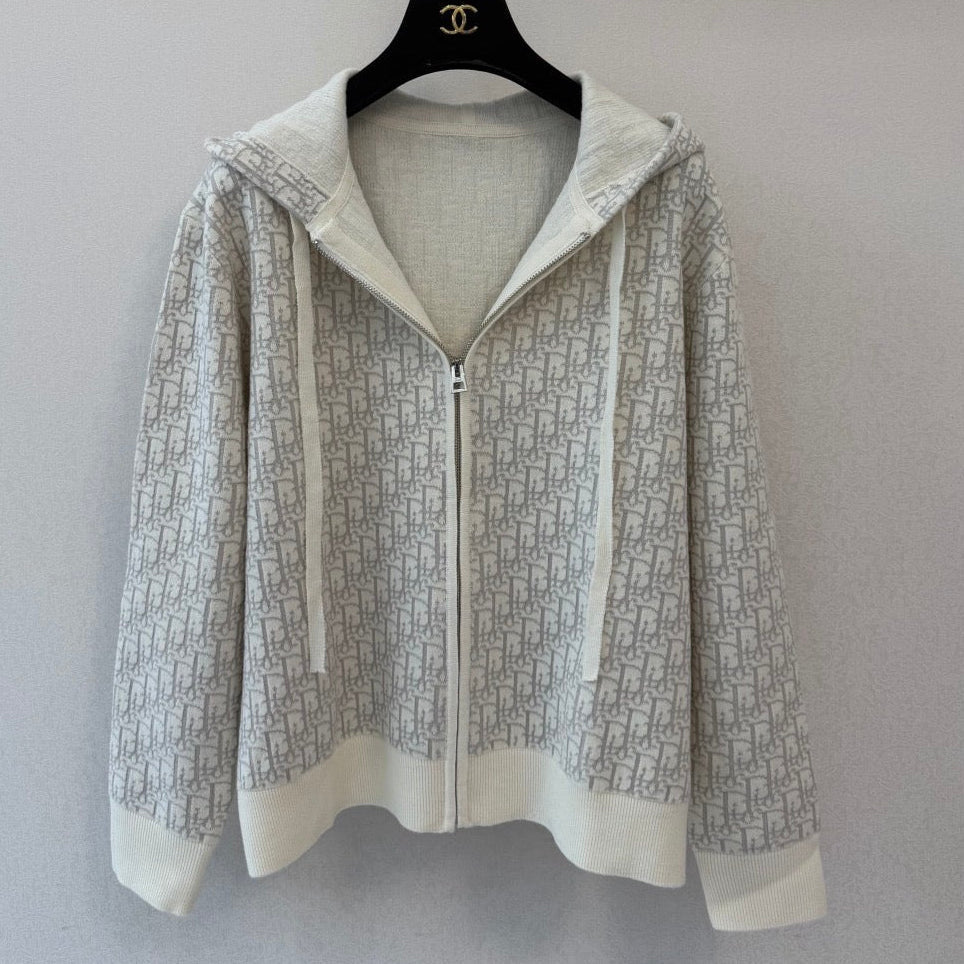 Dior 2026 Oblique Hooded Zipped Cardigan White Wool