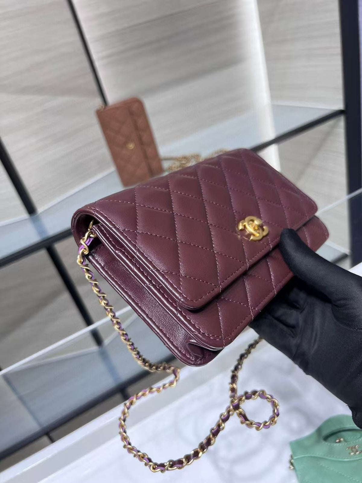 Chanel 2026 Quilted Wallet On Chain 19cm Burgundy Leather