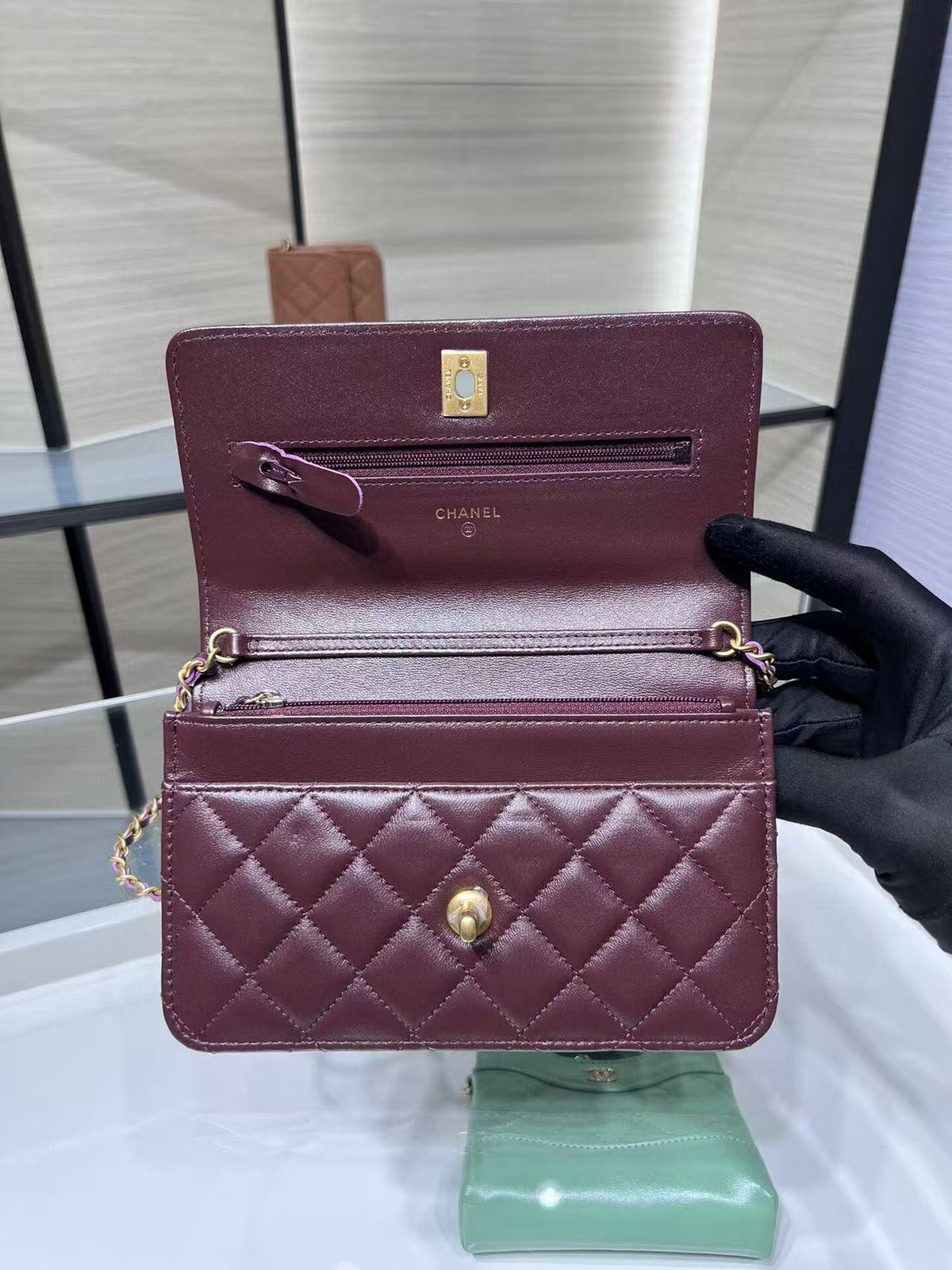 Chanel 2026 Quilted Wallet On Chain 19cm Burgundy Leather
