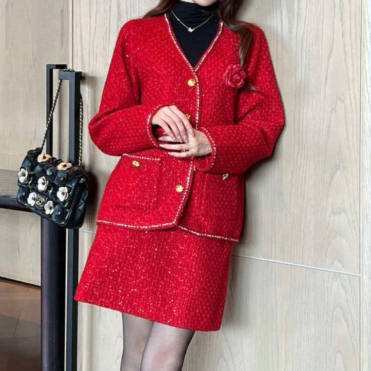 Chanel 2026 Short Jacket And Skirt Set Red Tweed