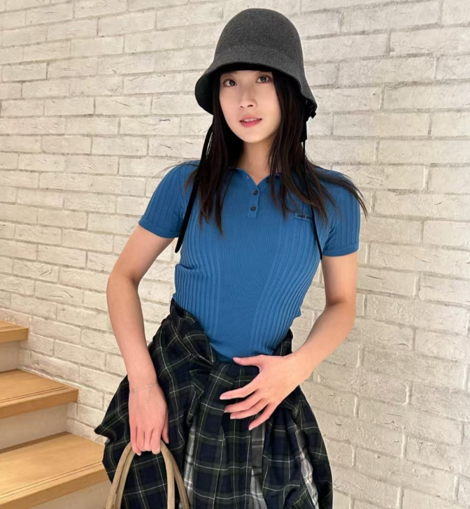 Miumiu 2026 Collared Logo Short-Sleeve Knit Top Blue Cotton