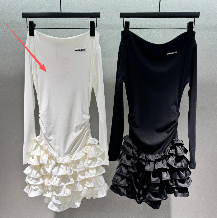 Miumiu 2026 Off-the-shoulder Tiered Dress Black and White Cotton