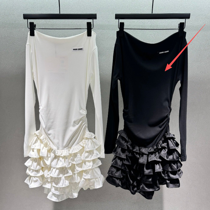 Miumiu 2026 Off-the-shoulder Tiered Dress Black and White Cotton