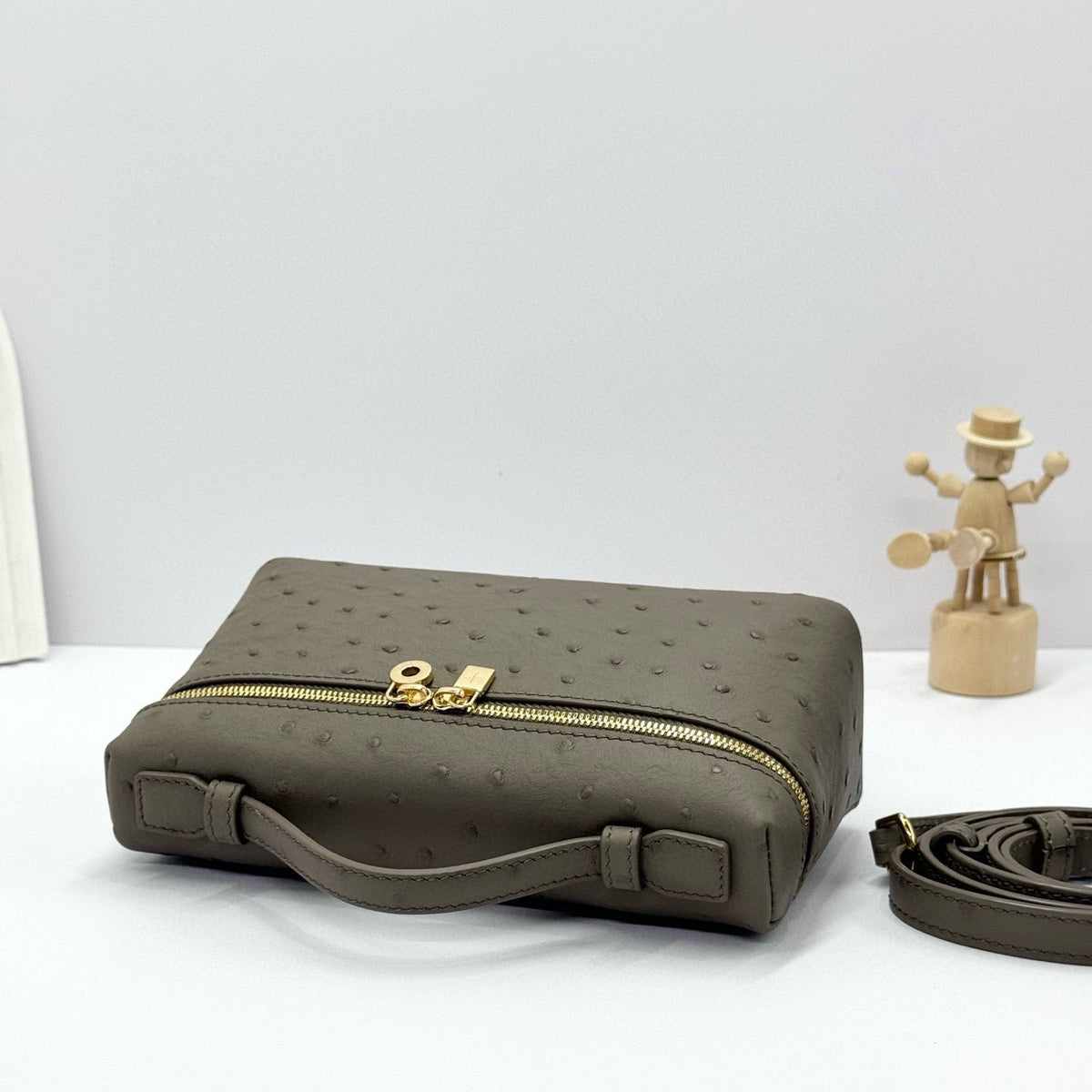 LP Extra Bag Ostrich Pattern Gray Brown Gold Buckle Calfskin
