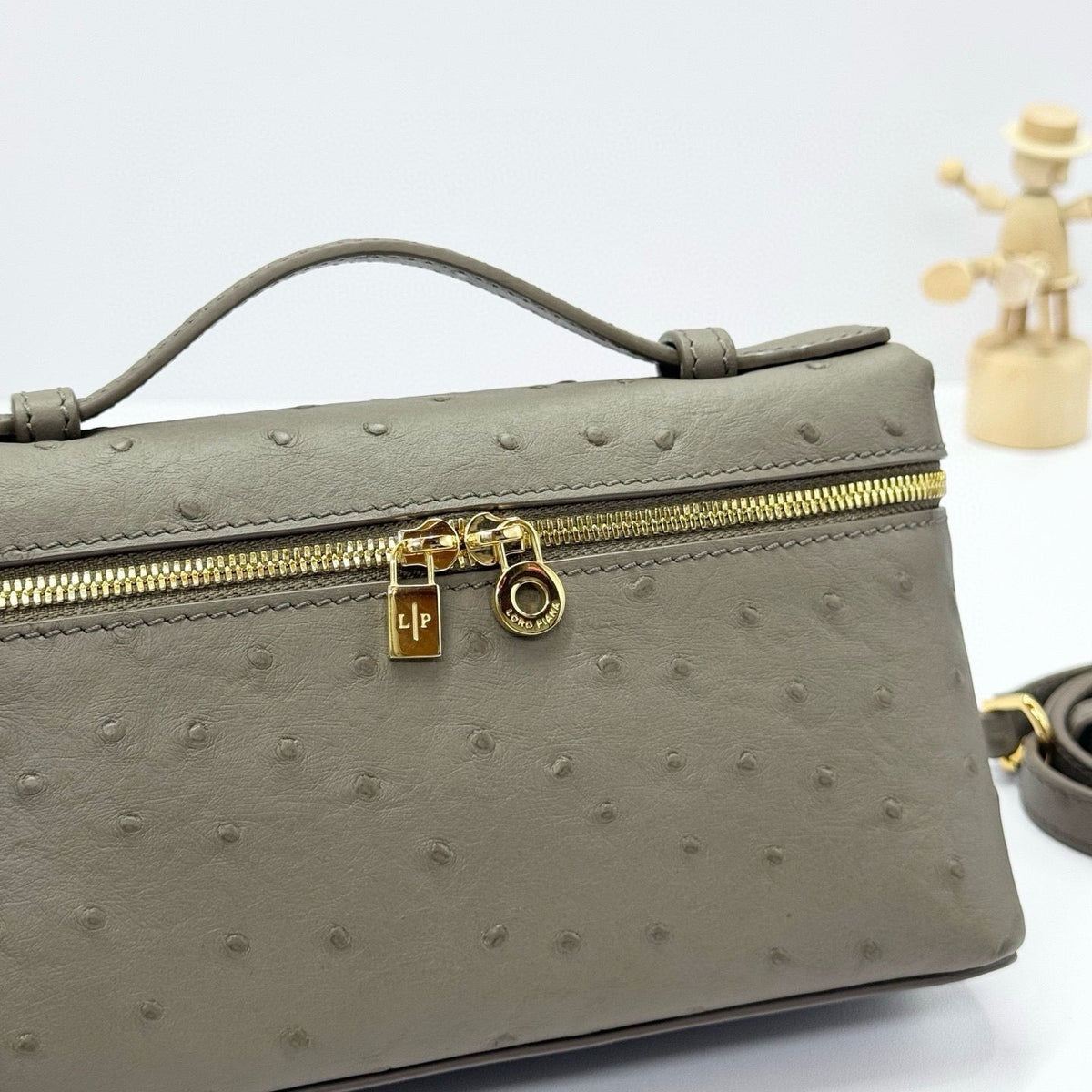 LP Extra Bag Ostrich Pattern Gray Brown Gold Buckle Calfskin