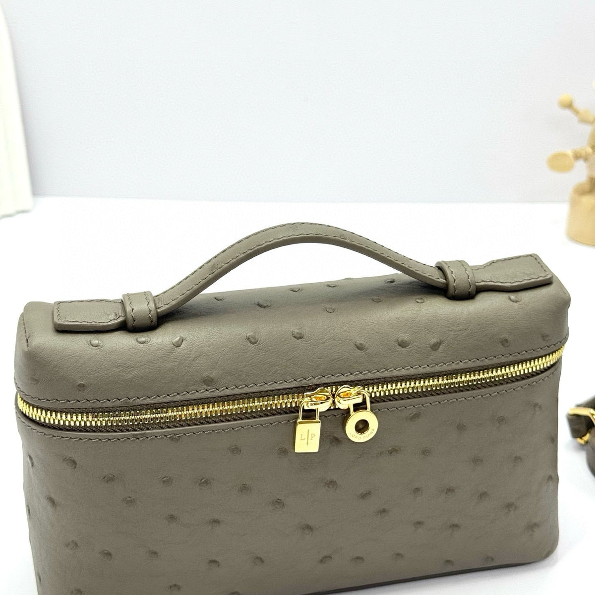 LP Extra Bag Ostrich Pattern Gray Brown Gold Buckle Calfskin