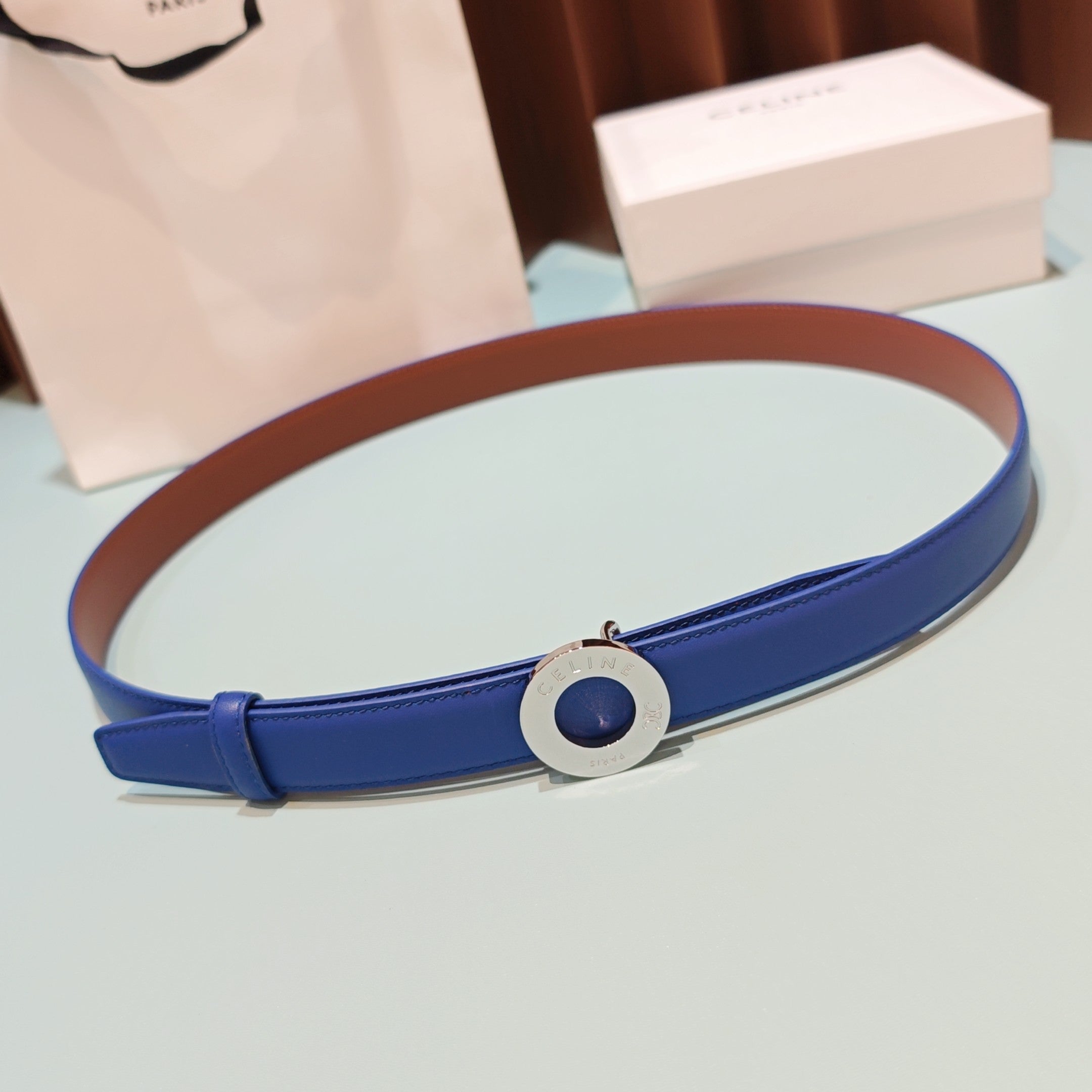 Celine 2026 Disc Buckle Reversible Strap Belt 25mm Leather 196682