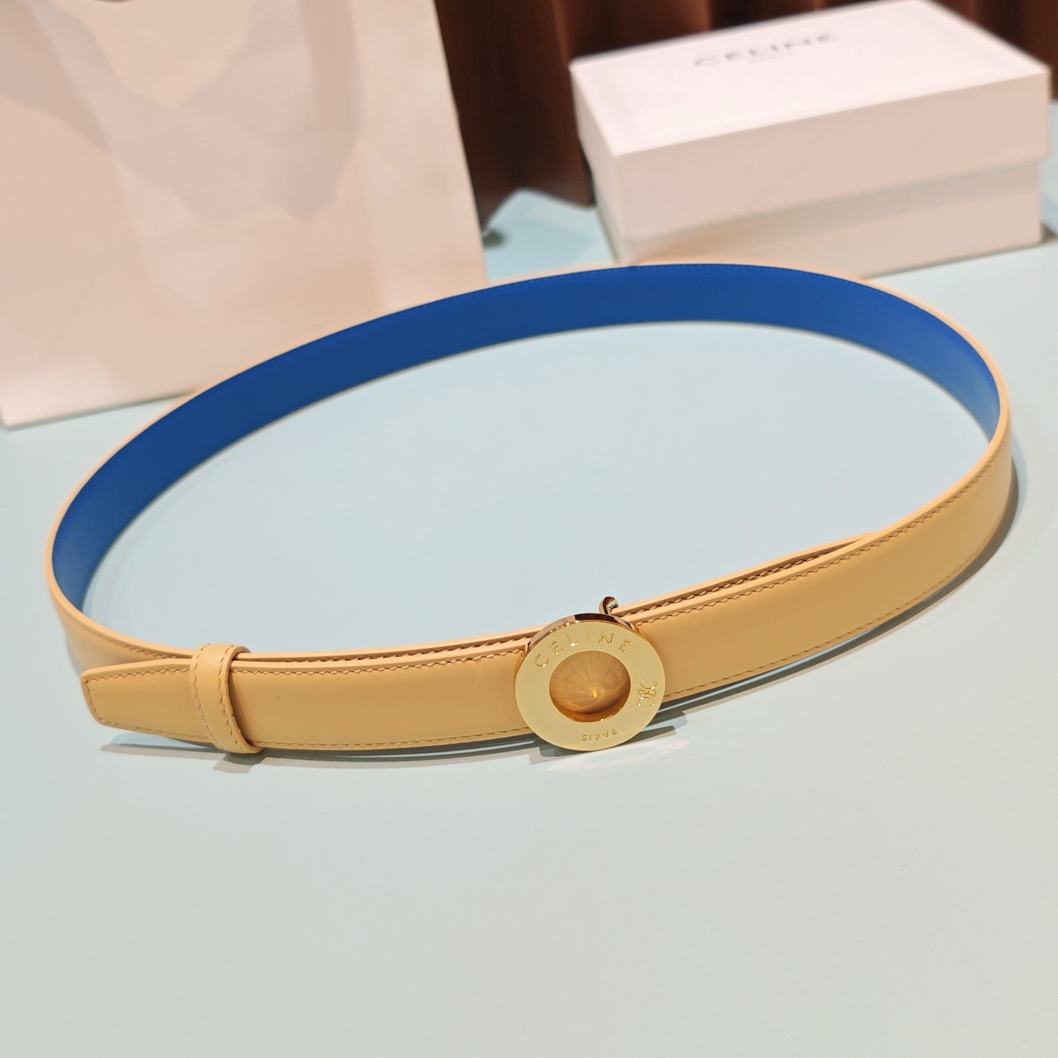 Celine 2026 Disc Buckle Reversible Strap Belt 25mm Leather 196682