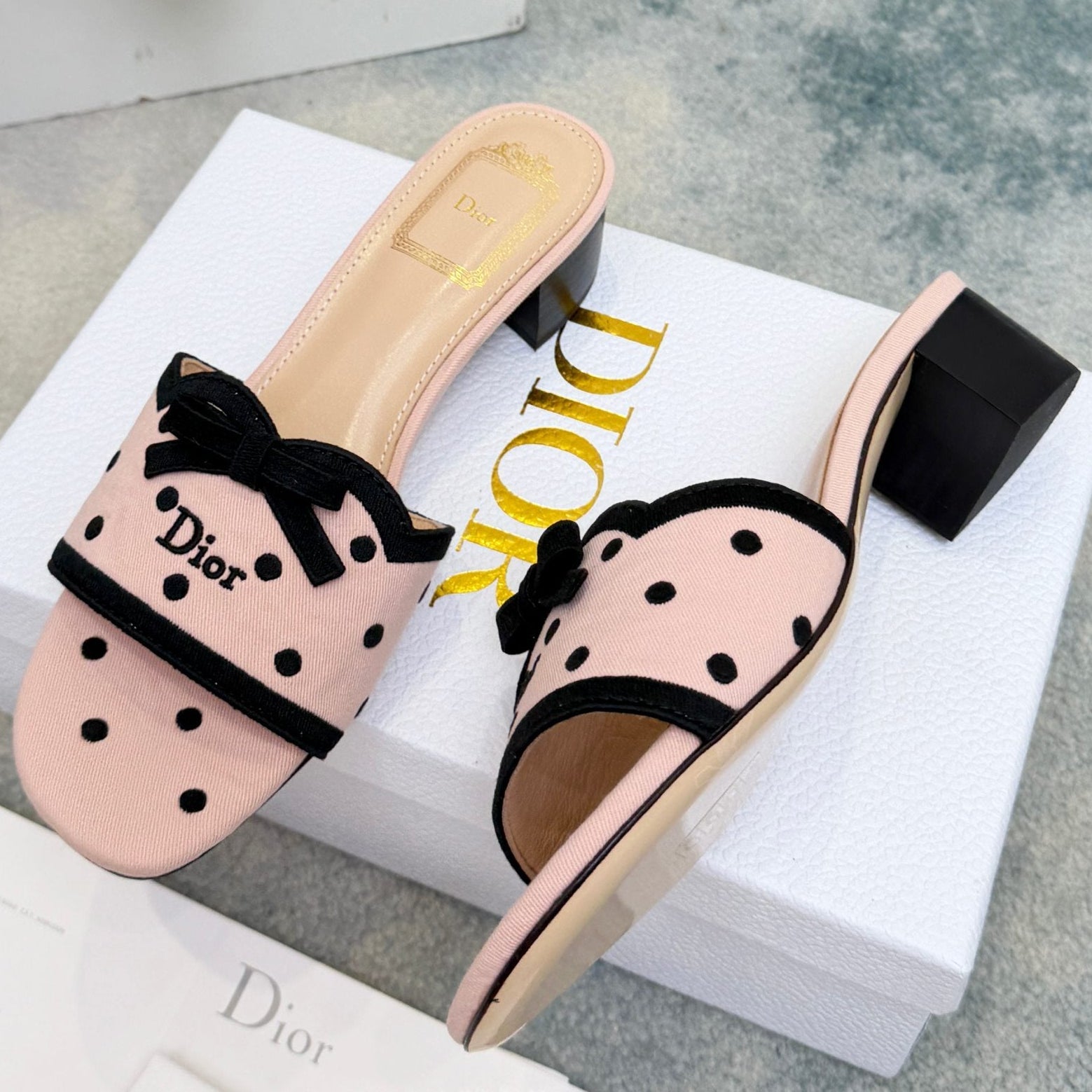 Dior 2026 Polka Dot Bow Chunky Heel Sandals Canvas 947860
