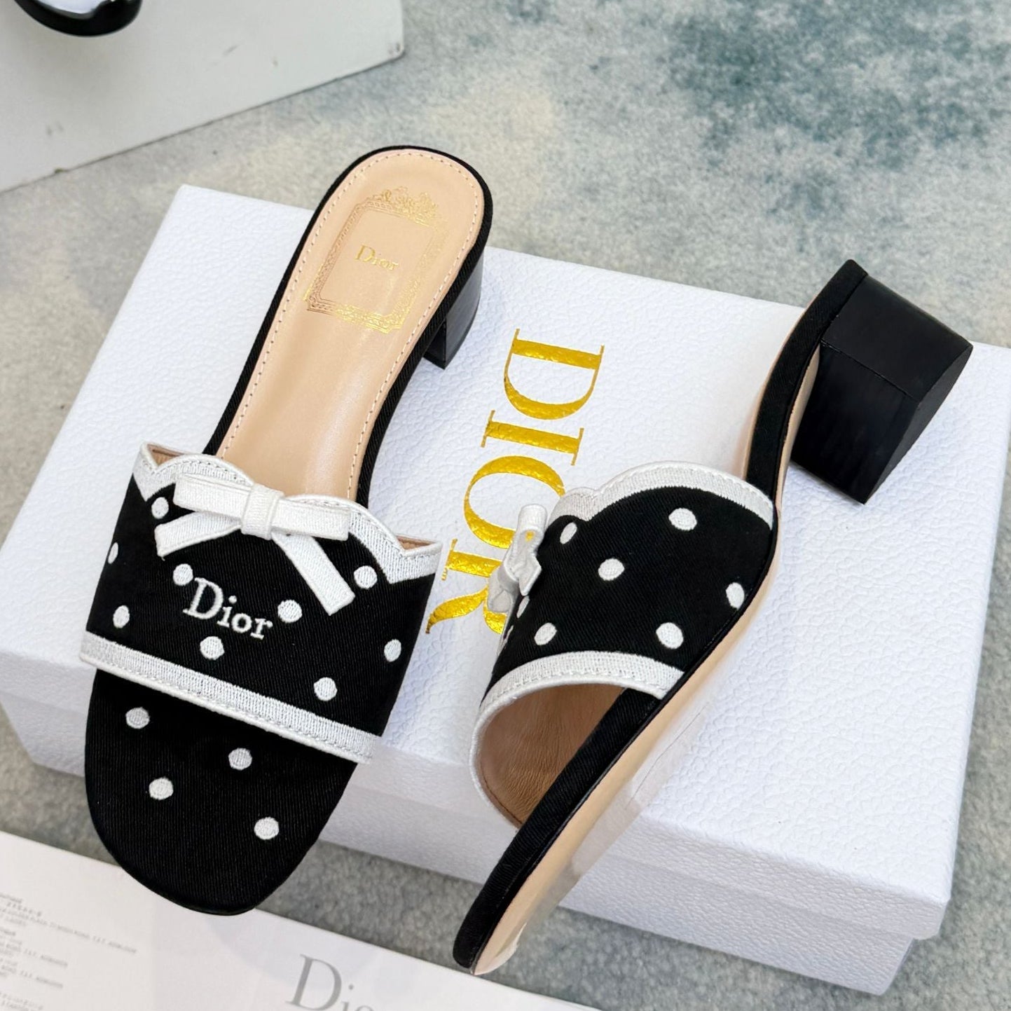 Dior 2026 Polka Dot Bow Chunky Heel Sandals Canvas 947860