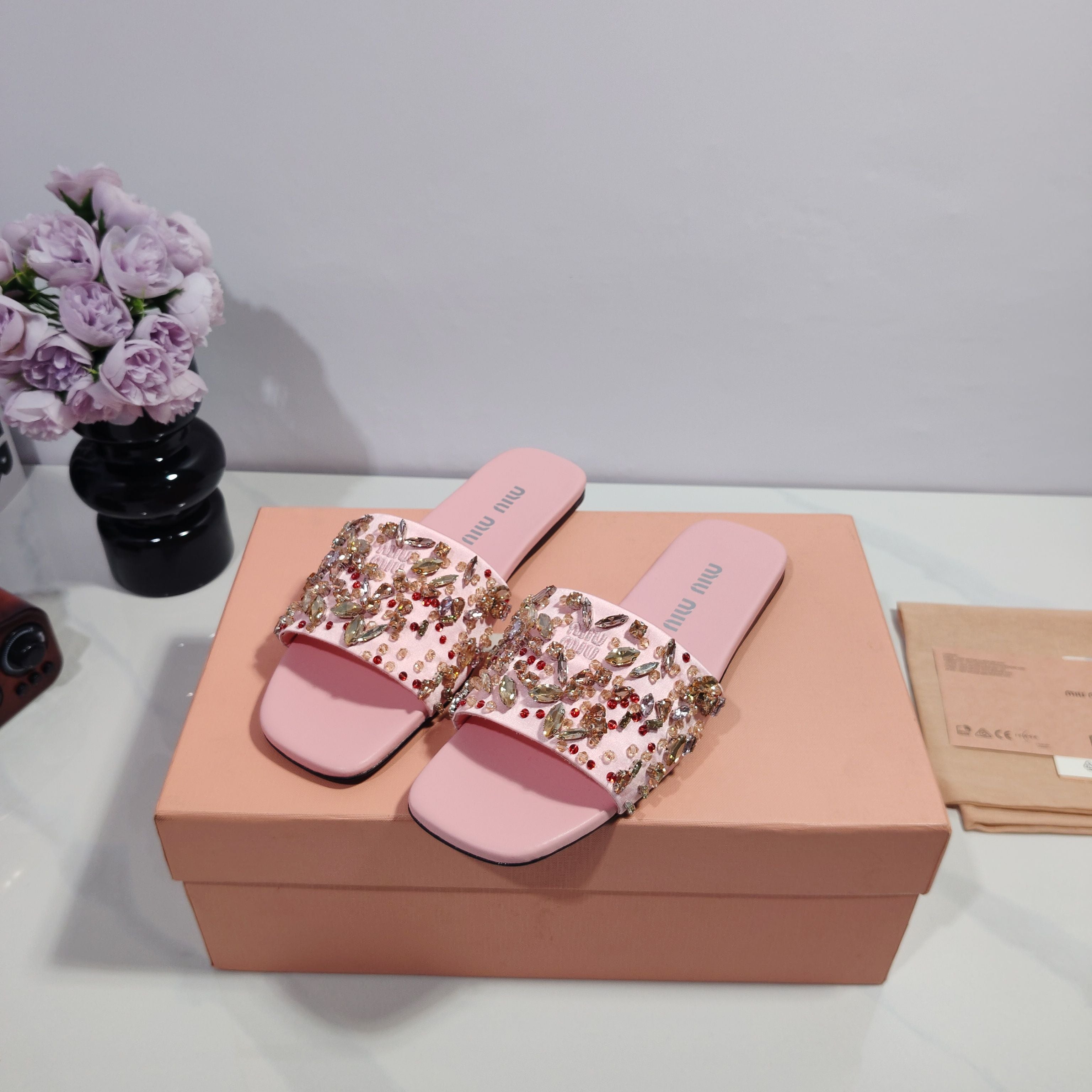 Miumiu 2026 Crystal Embellished Slide Sandals Satin 941769
