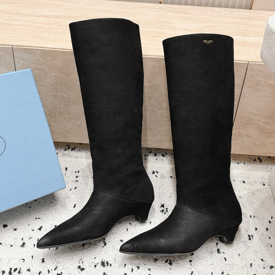 Prada 2026 Kitten Heel Pointed Toe Boots Suede 180411