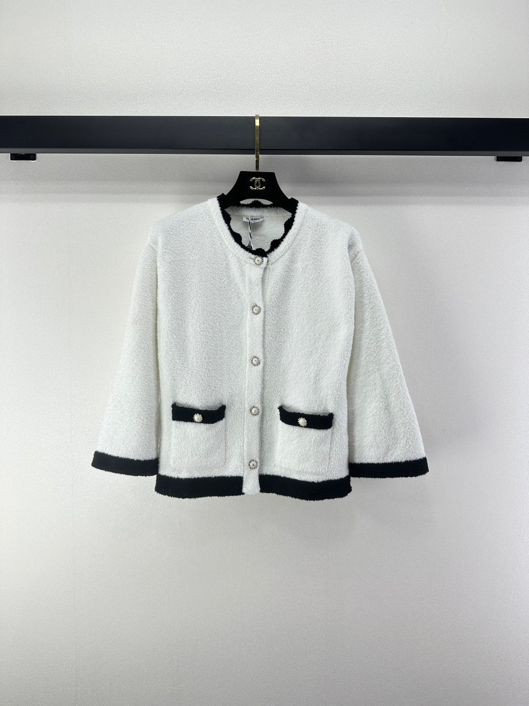 Chanel 2025 Round Neck Lace Cardigan Black White Wool 325690