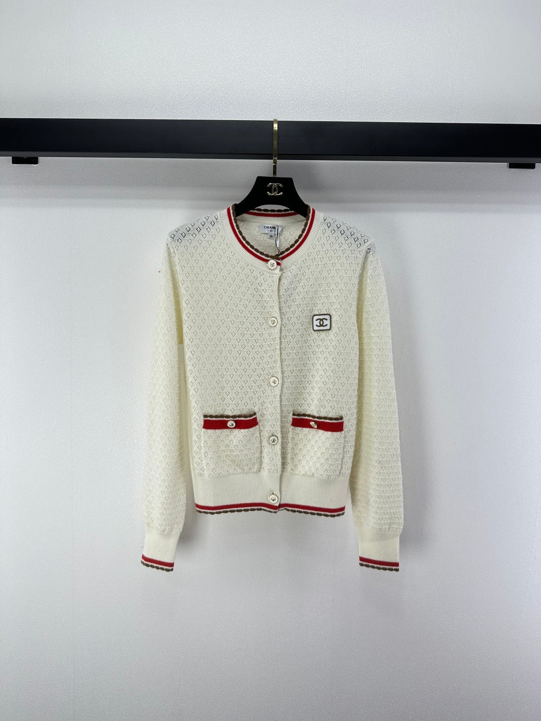 Chanel 2025 Long-sleeved Cardigan Cream and Black Cotton Cashmere 325737