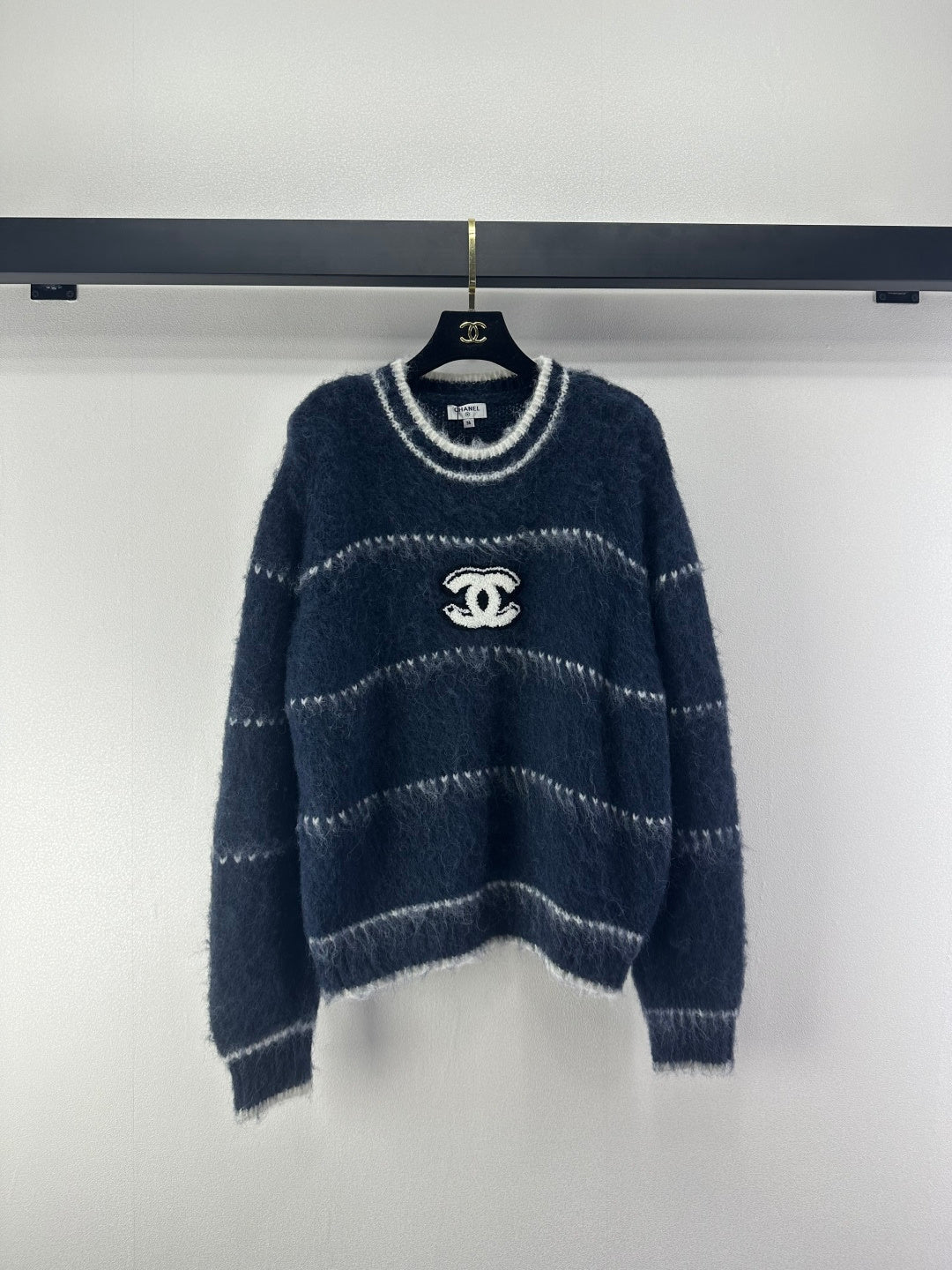 Chanel 2025 Fuzzy Striped Sweater Blue and White Wool 329253