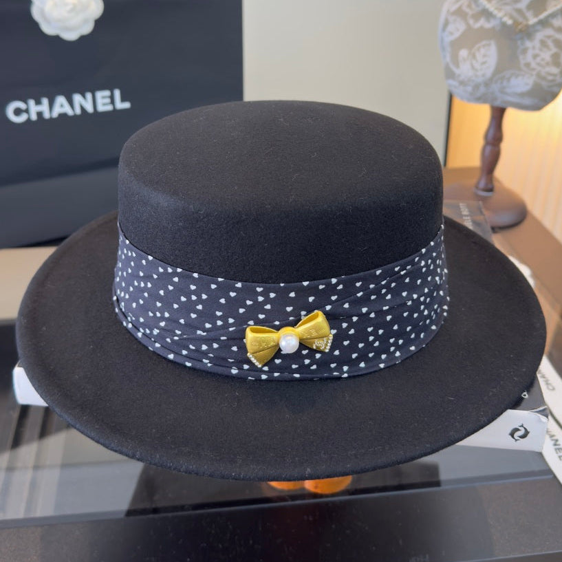 Chanel Polka-Dot Ribbon Cashmere Flat-Top Hat 491493