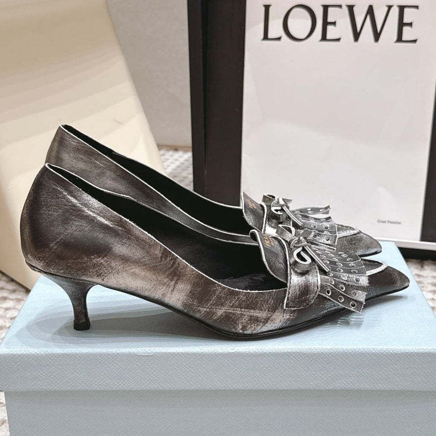 Prada 2026 Kiltie Fringe Pointed Toe Shoe 55mm Leather 173940