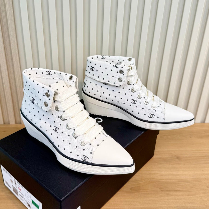 Chanel 2026 Polka Dot Wedge High-Top Sneakers Cloth 191218