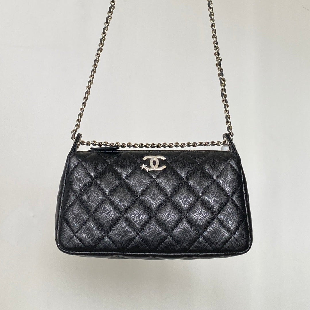 Chanel 2026 Mahjong Clutch With Chain 21cm Black Caviar Leather