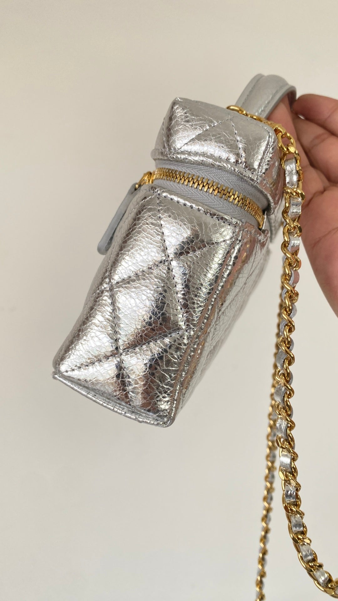 Chanel 25 Box Bag Silver Metallic Leather