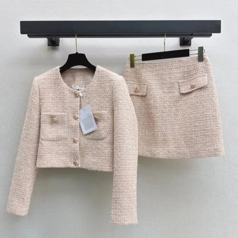 Chanel 2026 Cropped Long-Sleeved Jacket Skirt Set Light Pink Tweed